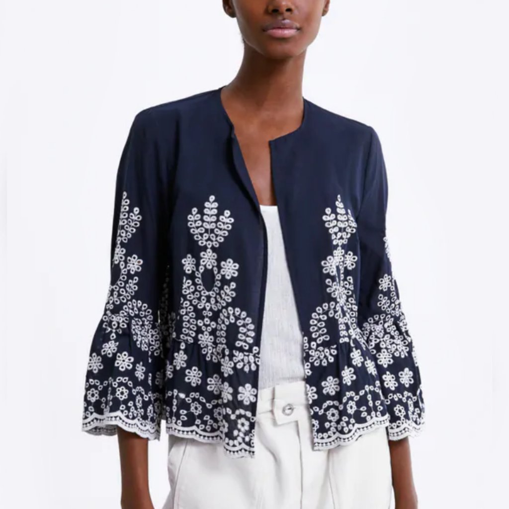 Nwt Zara Embroidered 100% Cotton 3/4 Sleeve Top Size S
